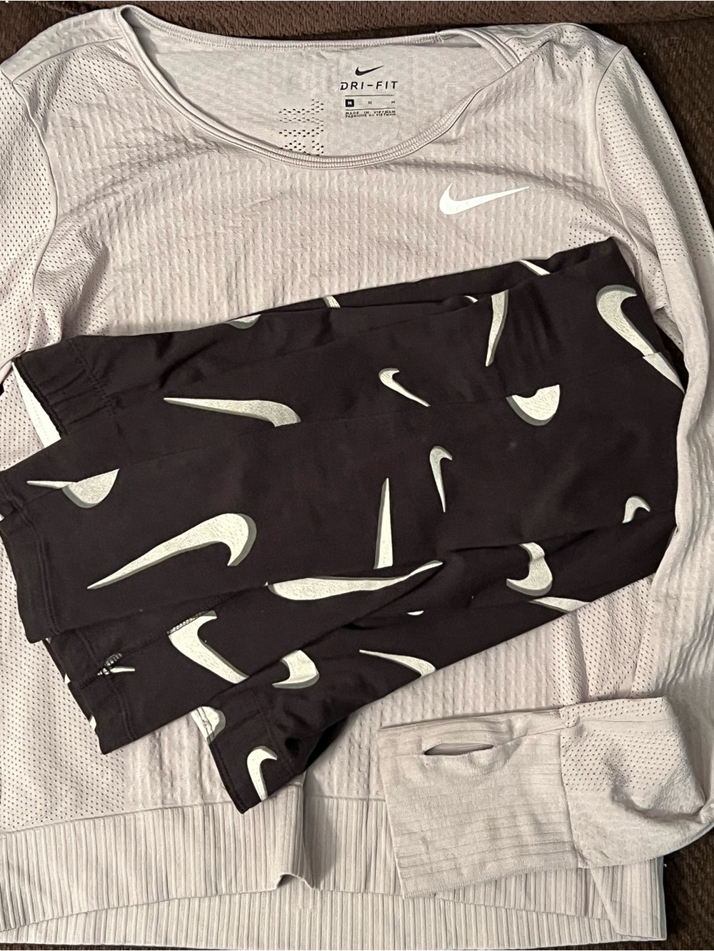 Nike White Dri-FIT Long Sleeve Top with Black Swoosh Leggings